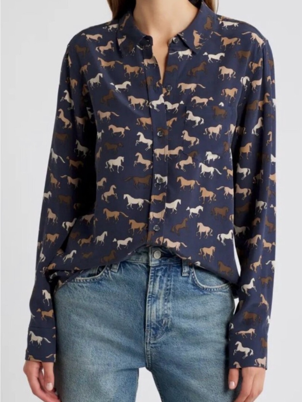 Rails Navy Horse-Print Button Front Blouse